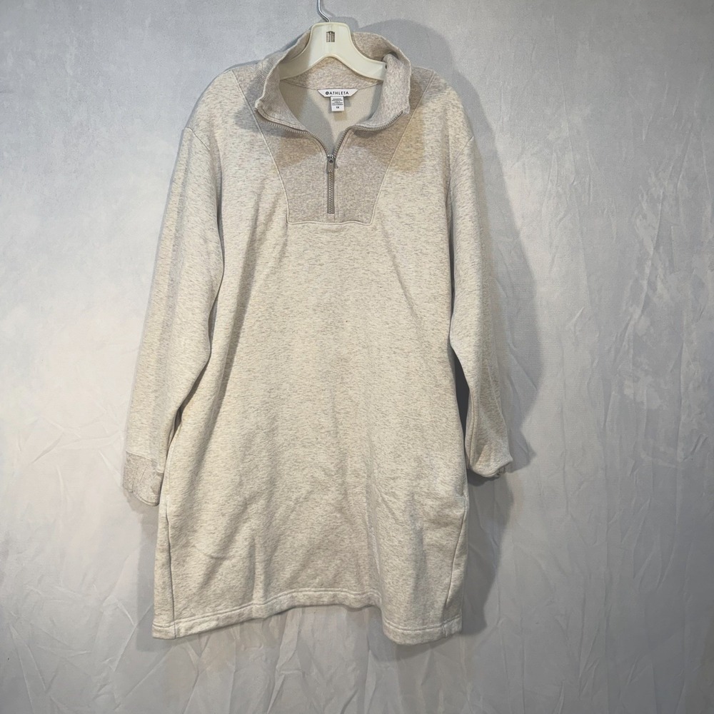 Athleta Sweater Dress 1/4 Zip Cozy Karma Pullover Preppy‎ Fleece Beige 1X
